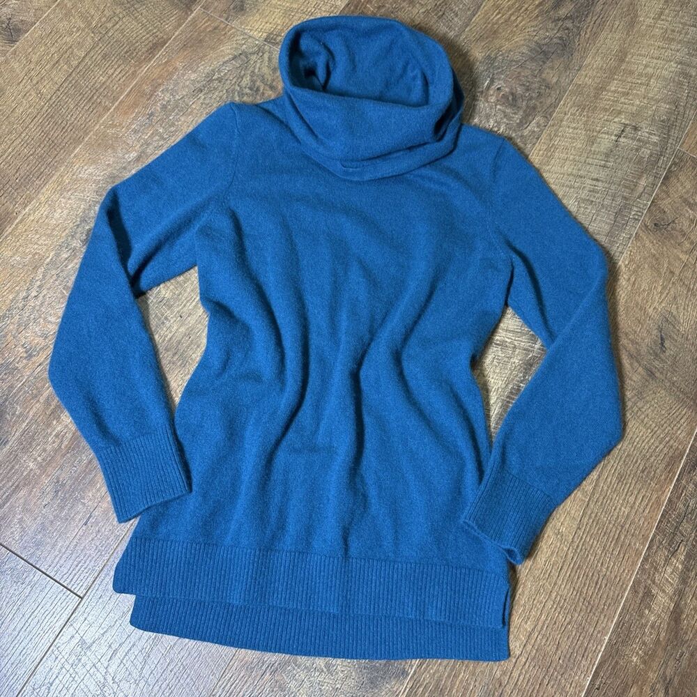 L.L.Bean 100% Cashmere Turtleneck Cowl Neck Sweater Teal Sz S Soft Minimalist